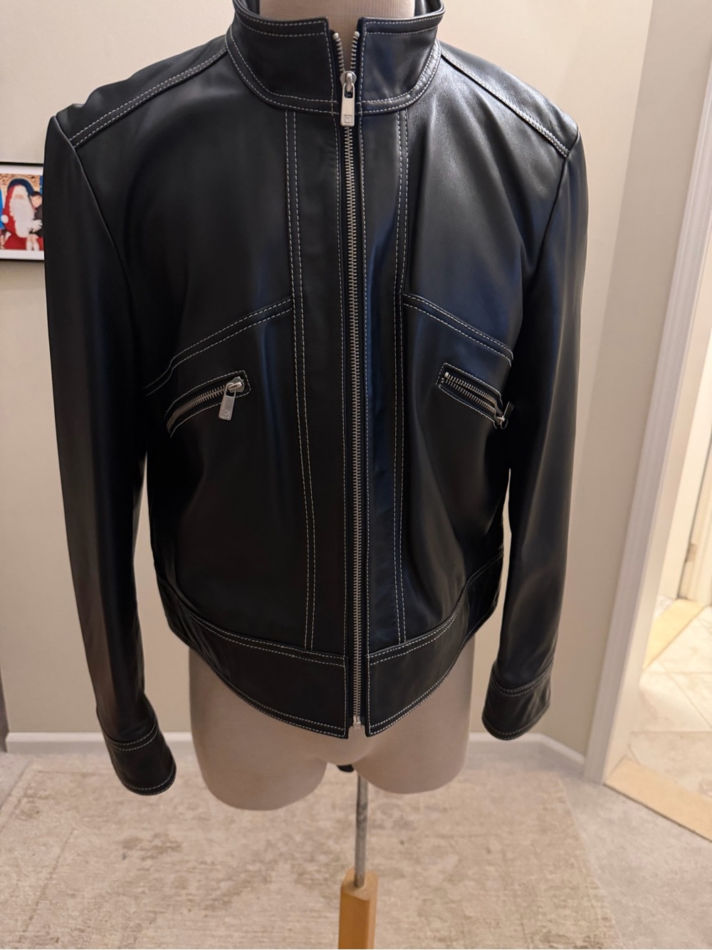 Michael Kors Black Leather Zip-Up Jacket with White Contrast Stitching